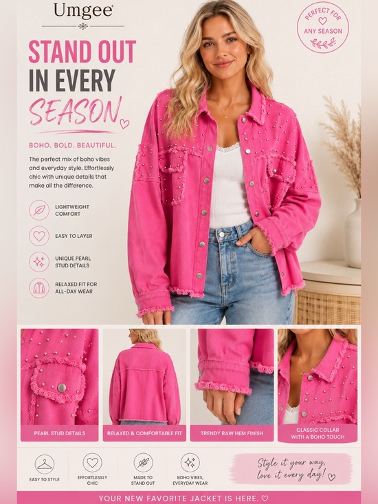 Umgee Jackets & Blazers - Umgee Denim Studded Barbie Pink Jacket